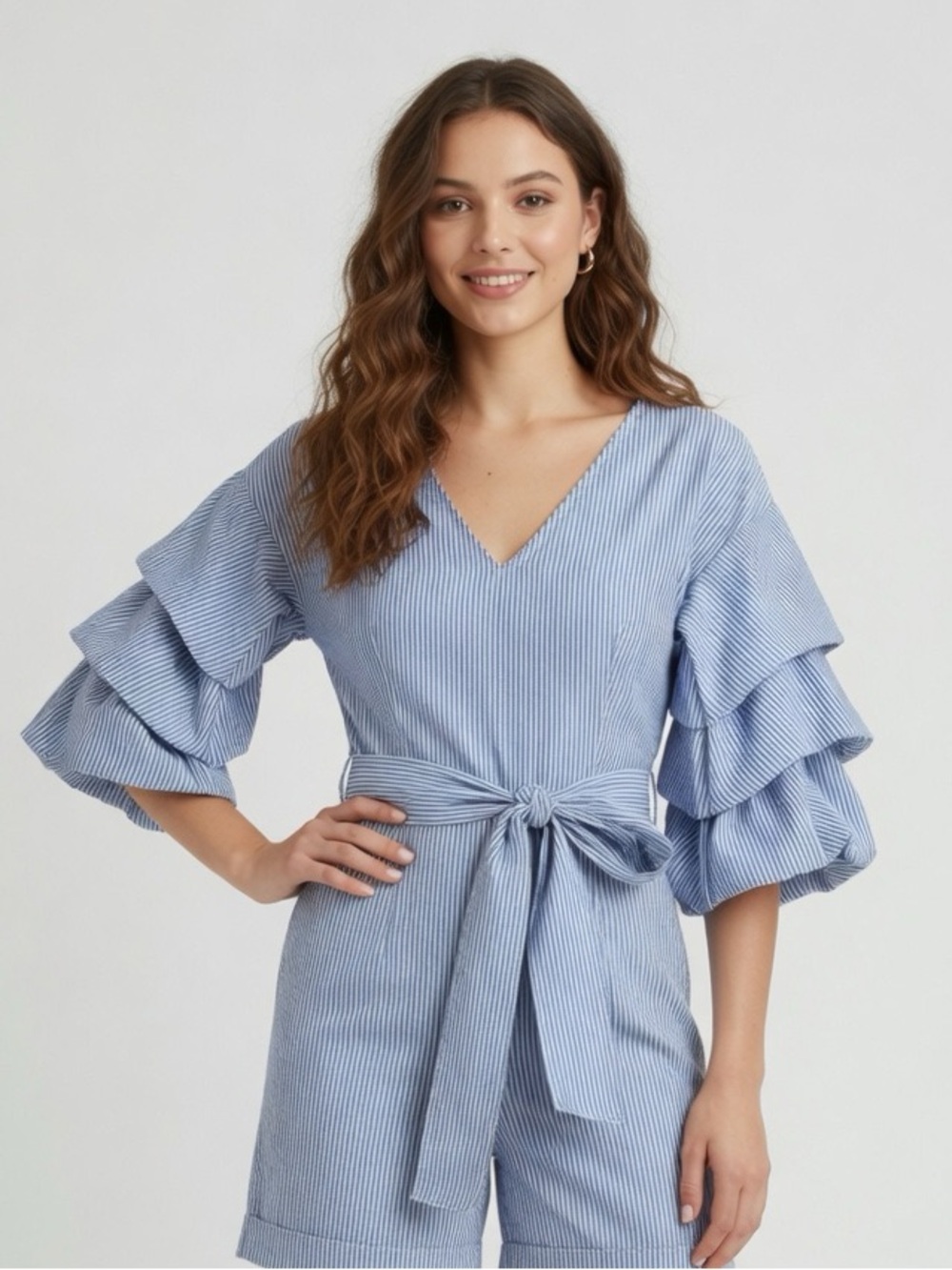 Banjul Blue and White Striped V-Neck Dress